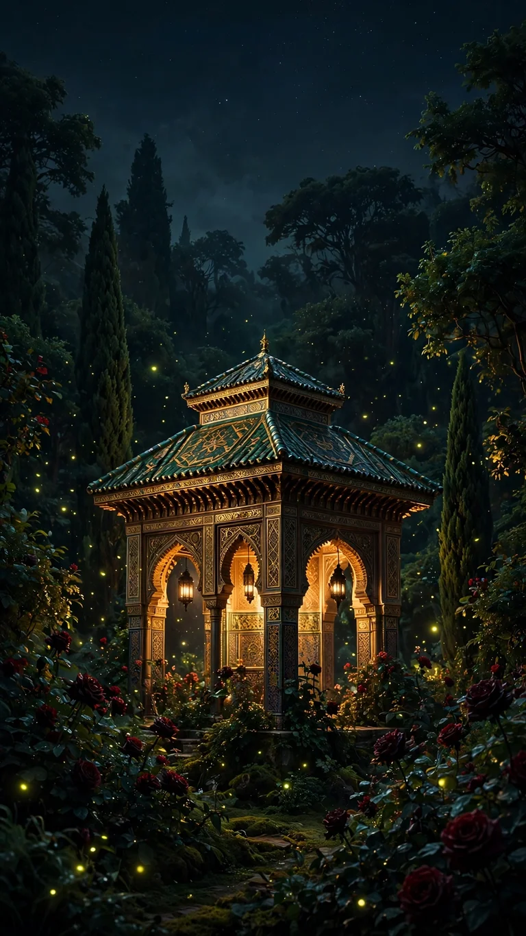 Garden Pavilion Fireflies at Night - free Islamic wallpaper for phone