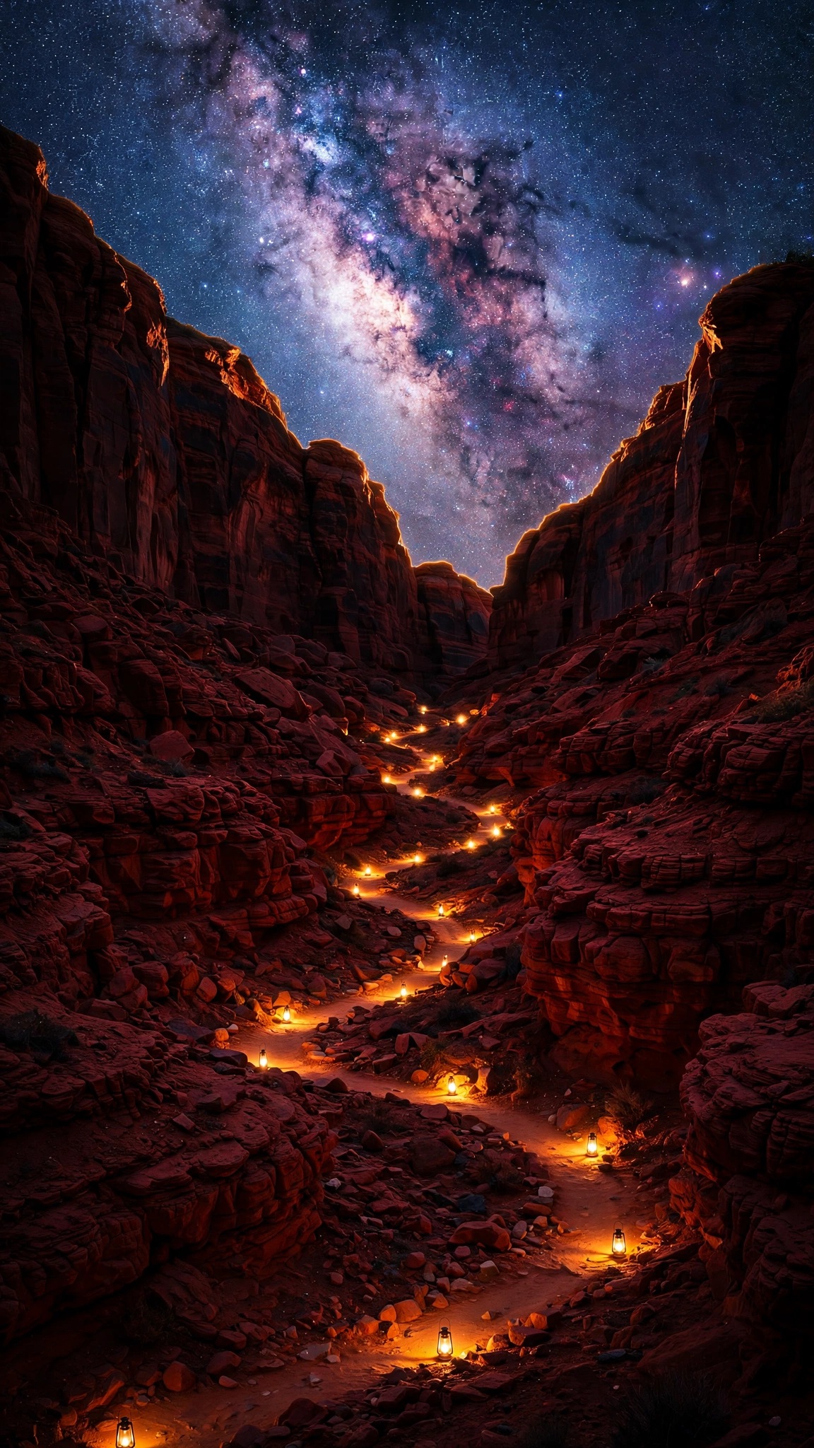 Milky Way Over Sandstone Canyon Lanterns - free Islamic phone wallpaper
