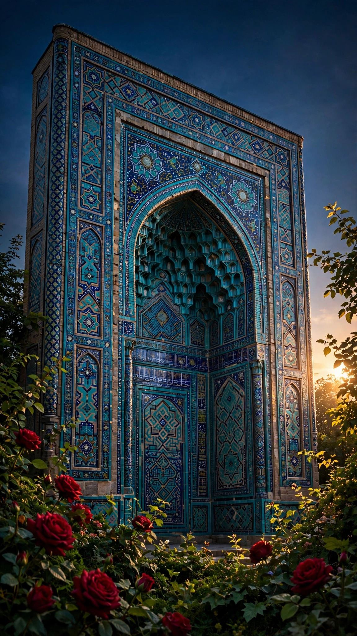 Turquoise Madrasa Portal and Rose Garden - free Islamic phone wallpaper
