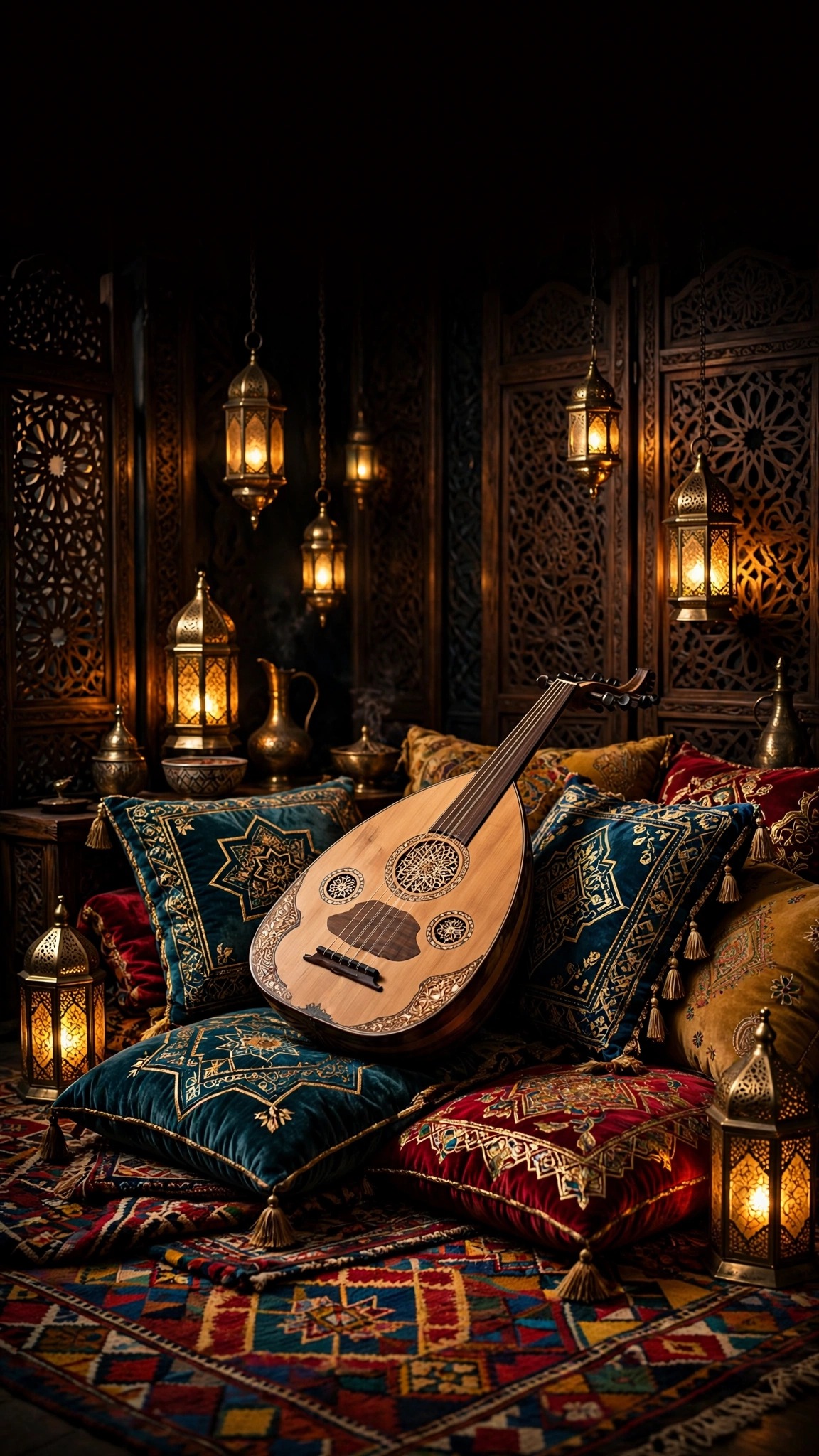 Cedar oud lute on embroidered cushions in a warm Islamic music room with brass lanterns