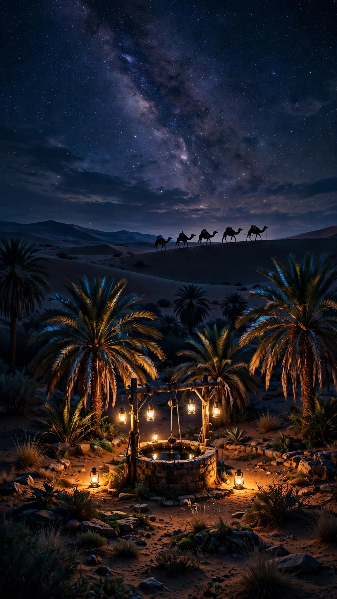 Desert oasis well with lanterns under starlight and a camel caravan on the dunes