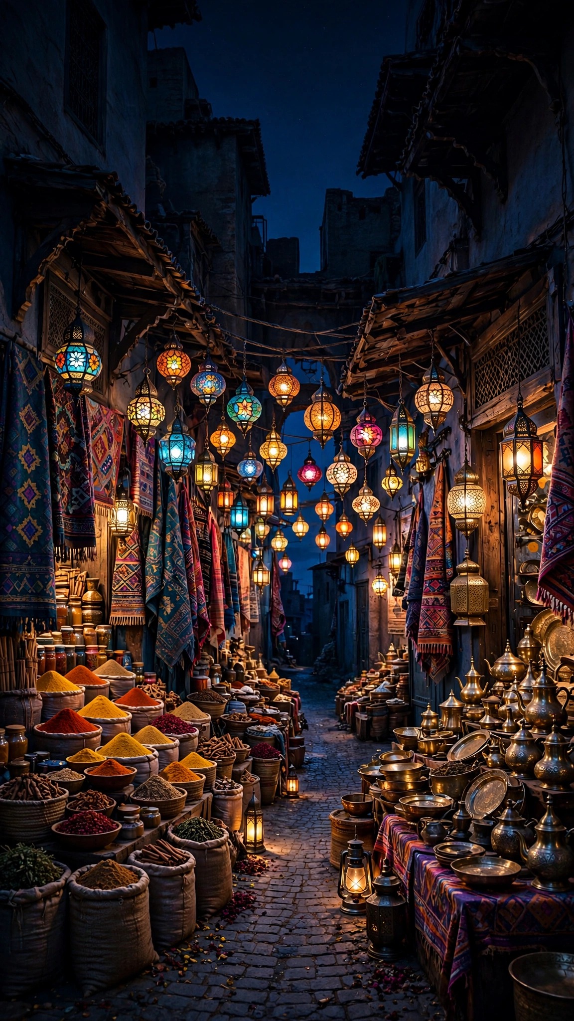 Indigo night bazaar alley glowing with colorful hanging lanterns and spice stalls