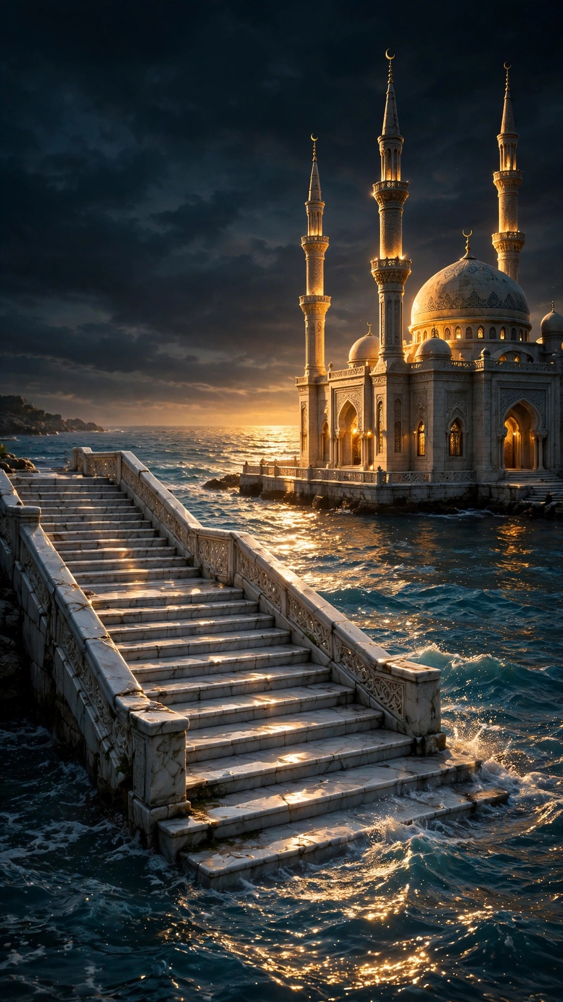 White marble steps to the sea beside an elegant seaside mosque with minarets at golden hour