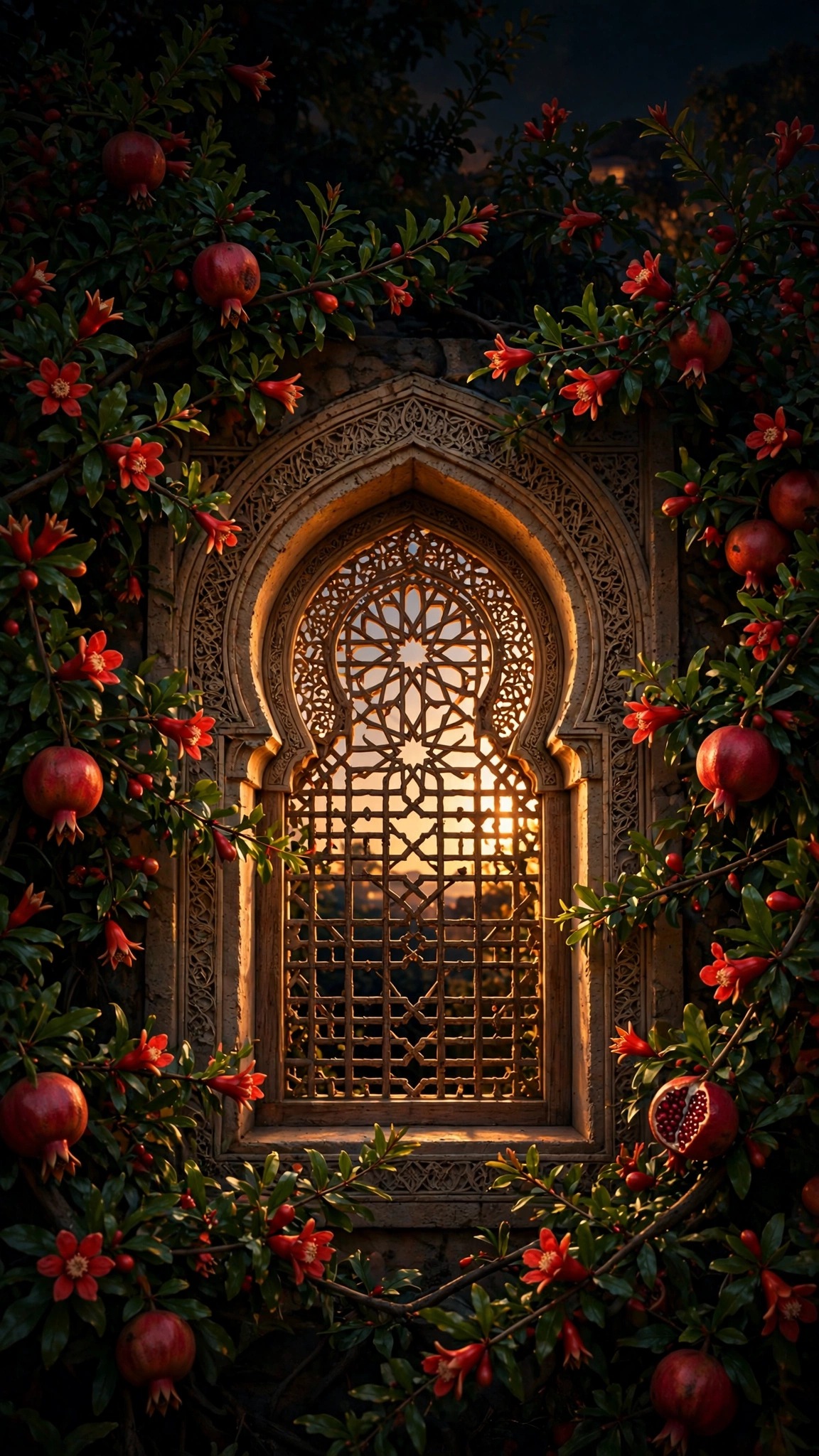 Ornate Islamic arched window framed by pomegranate blossoms and ripe fruit