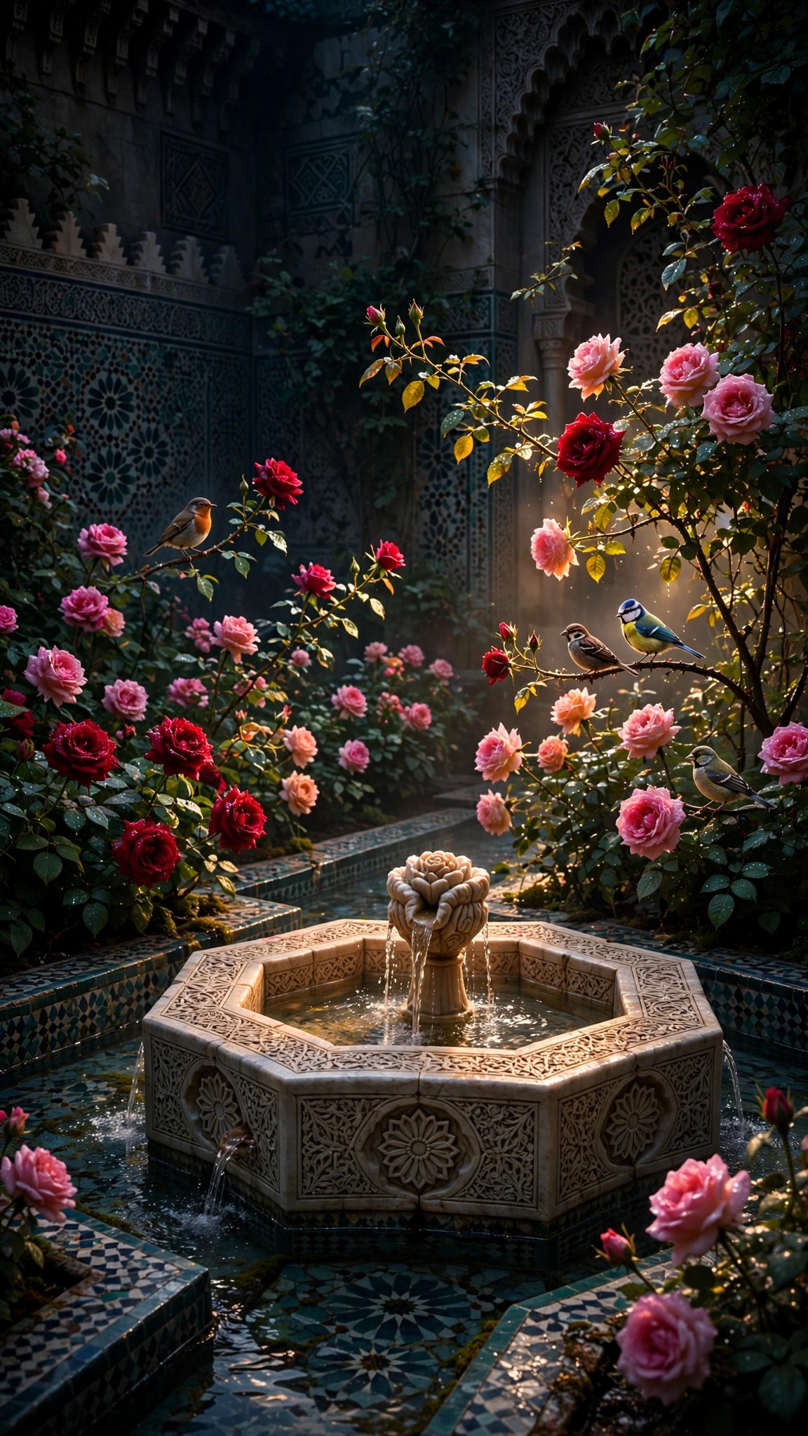 Carved stone fountain in a rose garden with blooming roses and small songbirds