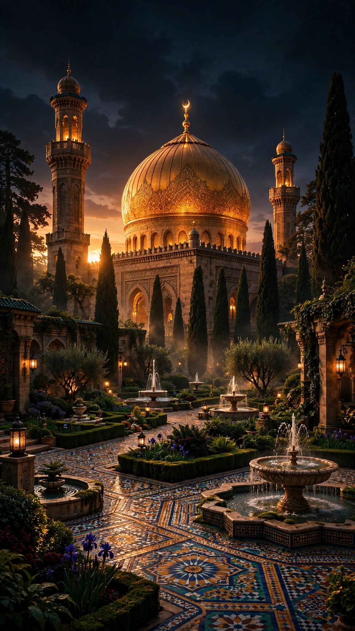 Golden Islamic mosque dome at sunset above a garden with fountains and cypress trees
