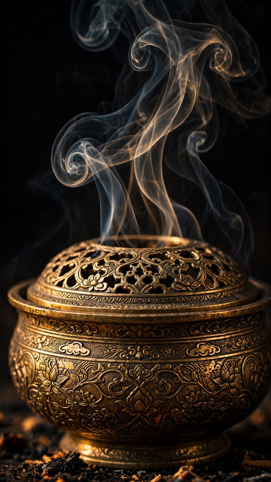 Ornate engraved brass incense burner with curling smoke on a dark background