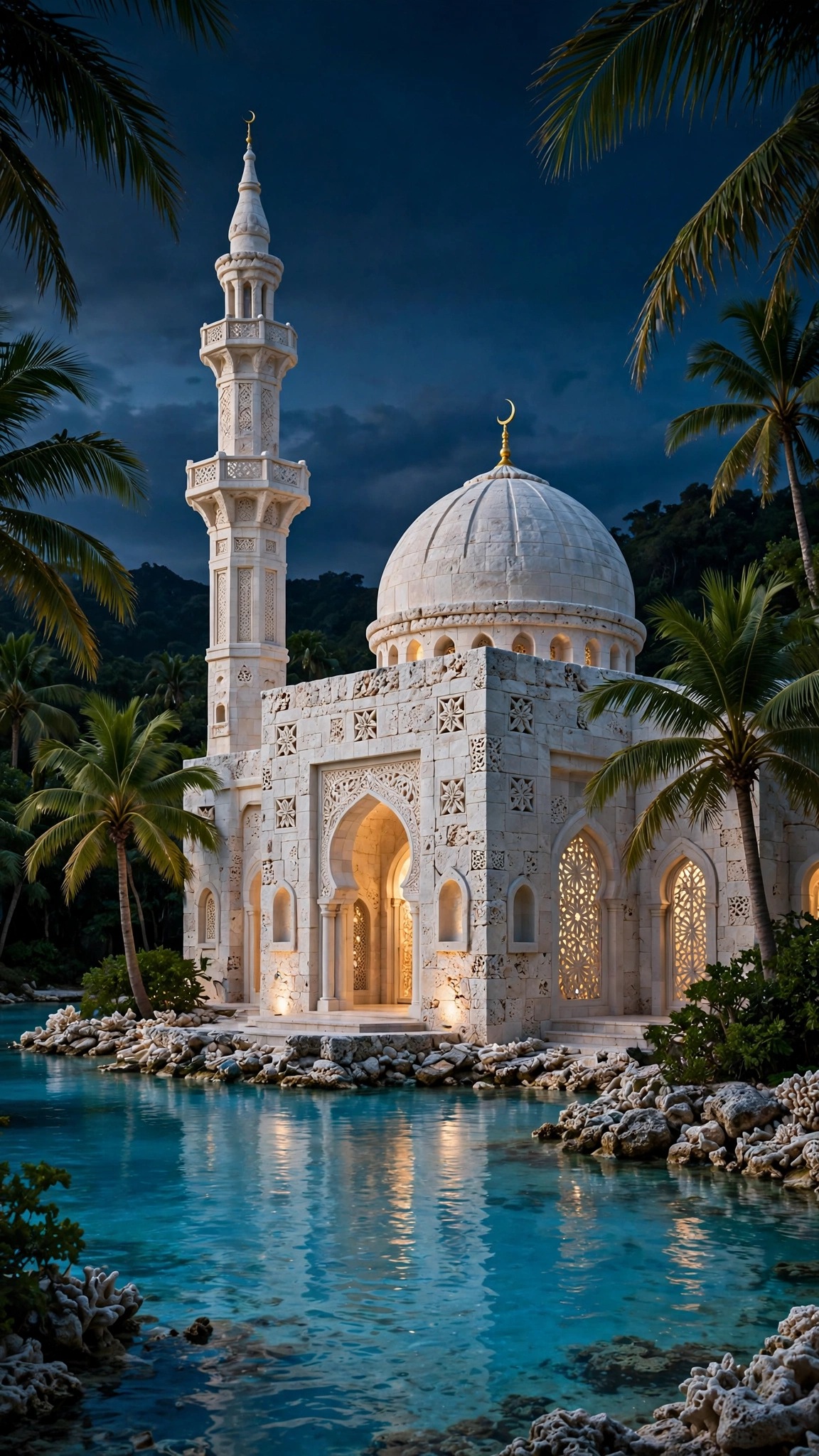 White coral-stone mosque with dome and minaret beside a turquoise lagoon