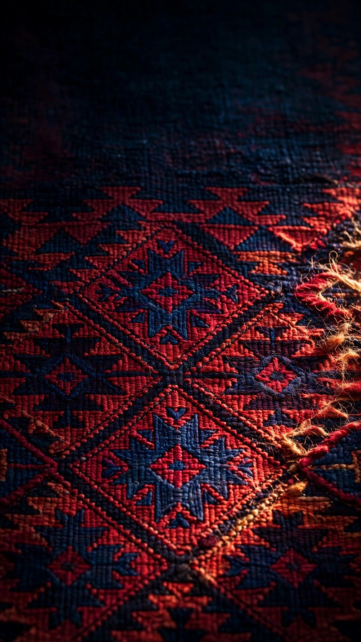 Macro of crimson and indigo kilim rug with geometric weave