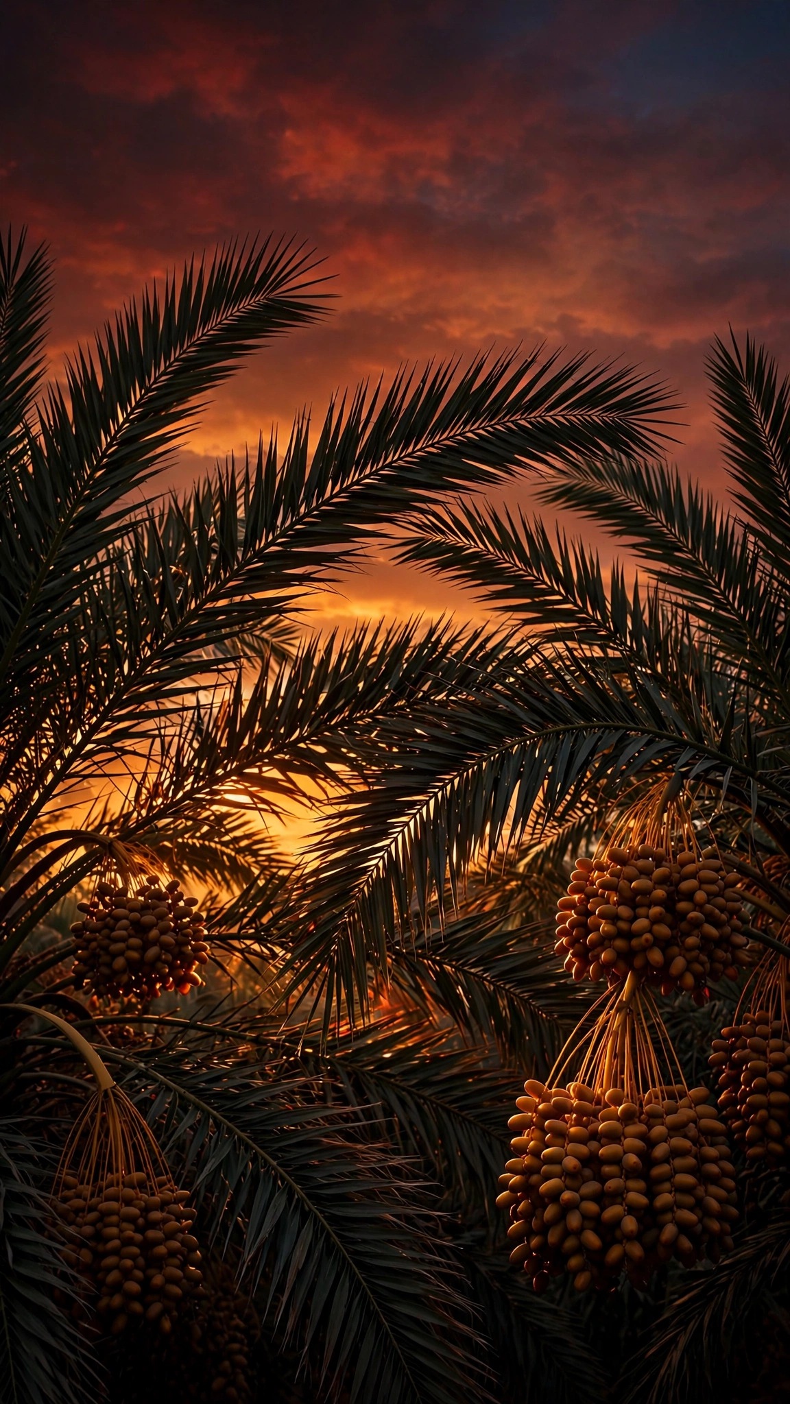 Date palm fronds and ripe dates against an amber crimson sunset sky