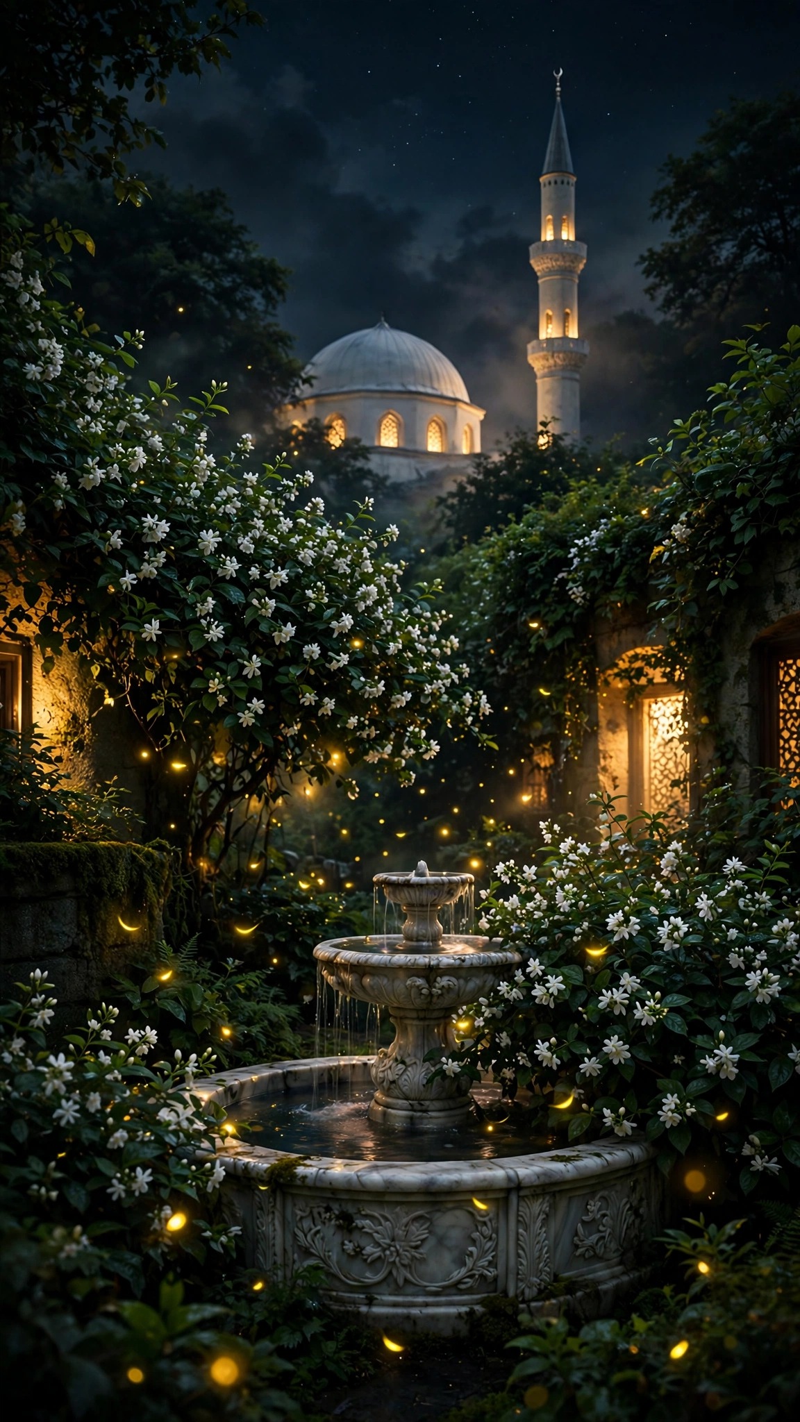 Firefly garden at night with marble fountain and lit mosque