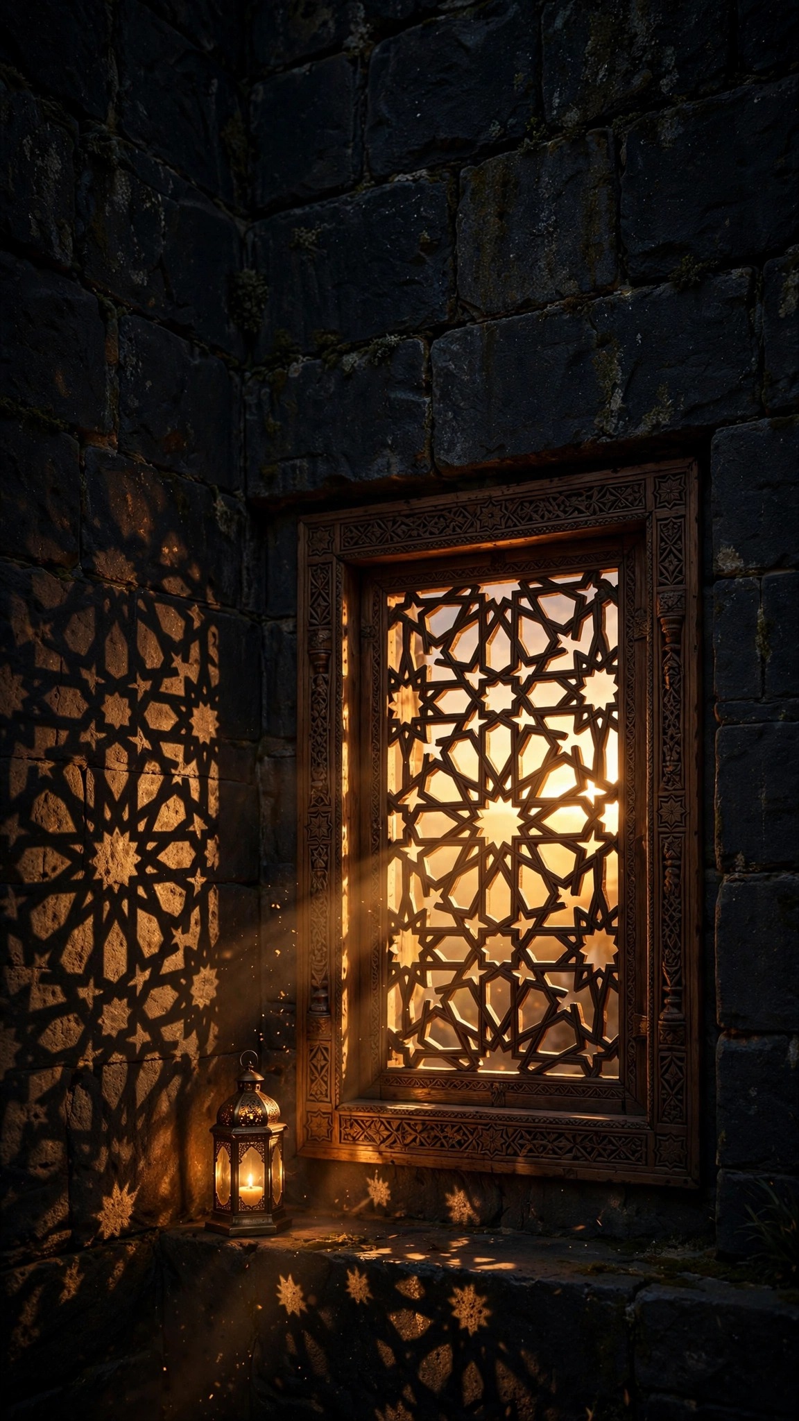 Carved mashrabiya lattice window glowing golden against dark stone