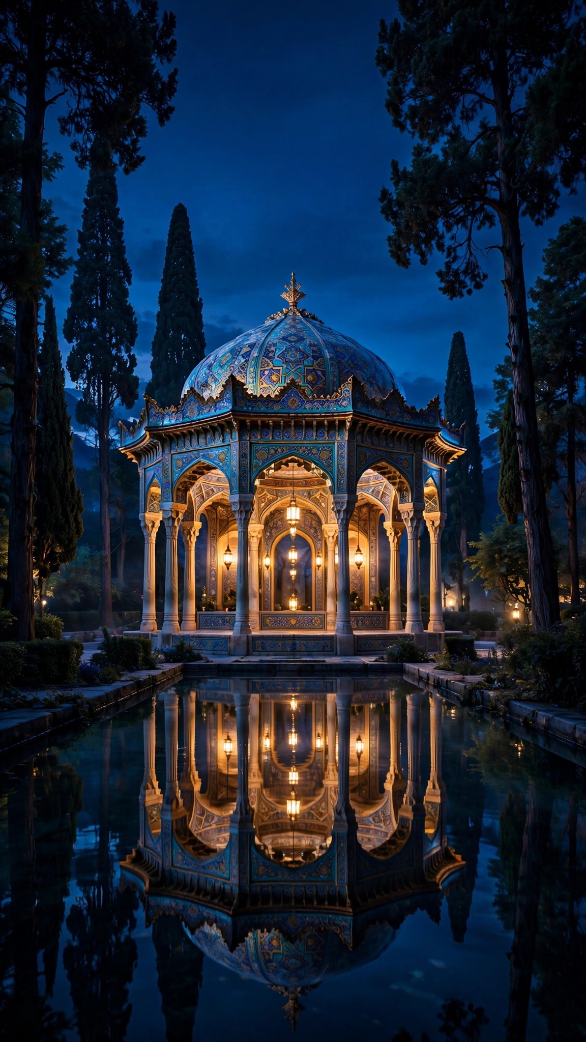 Persian pavilion with tiled dome reflected in a pool at blue hour