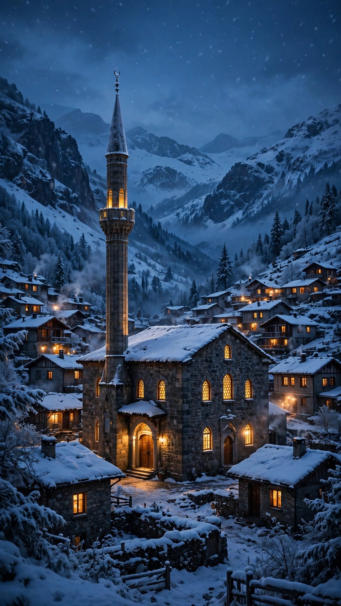Stone mosque with minaret and glowing windows in a snowy mountain village at dusk