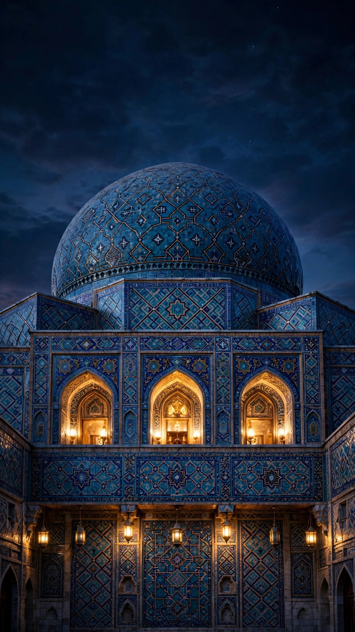 Blue tiled dome with glowing golden arches at dusk