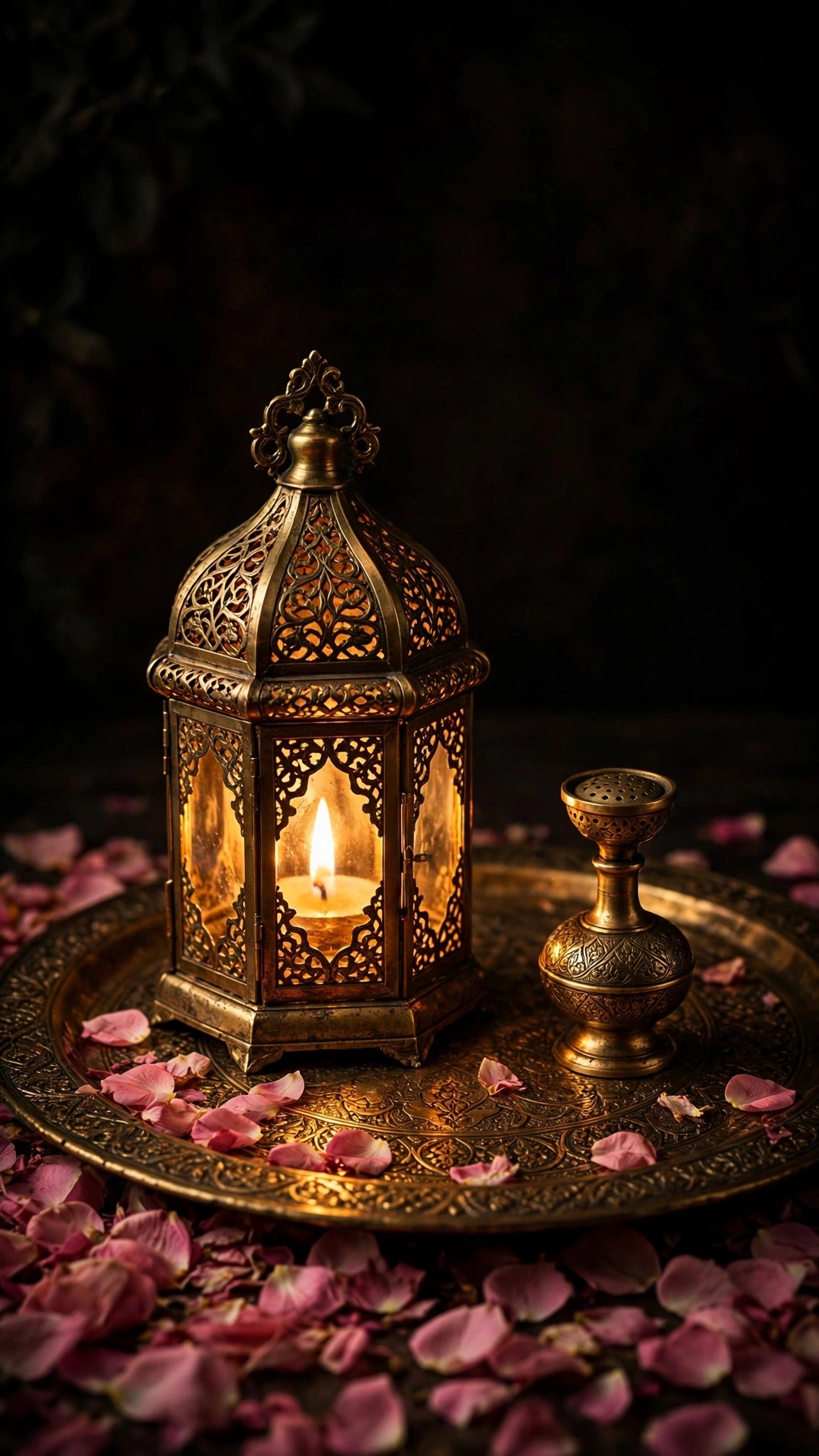 Glowing brass lantern and rosewater sprinkler on an engraved tray