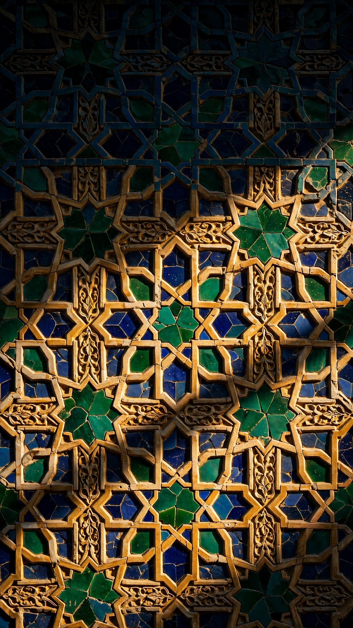 Golden Islamic geometric star tiles in emerald and blue