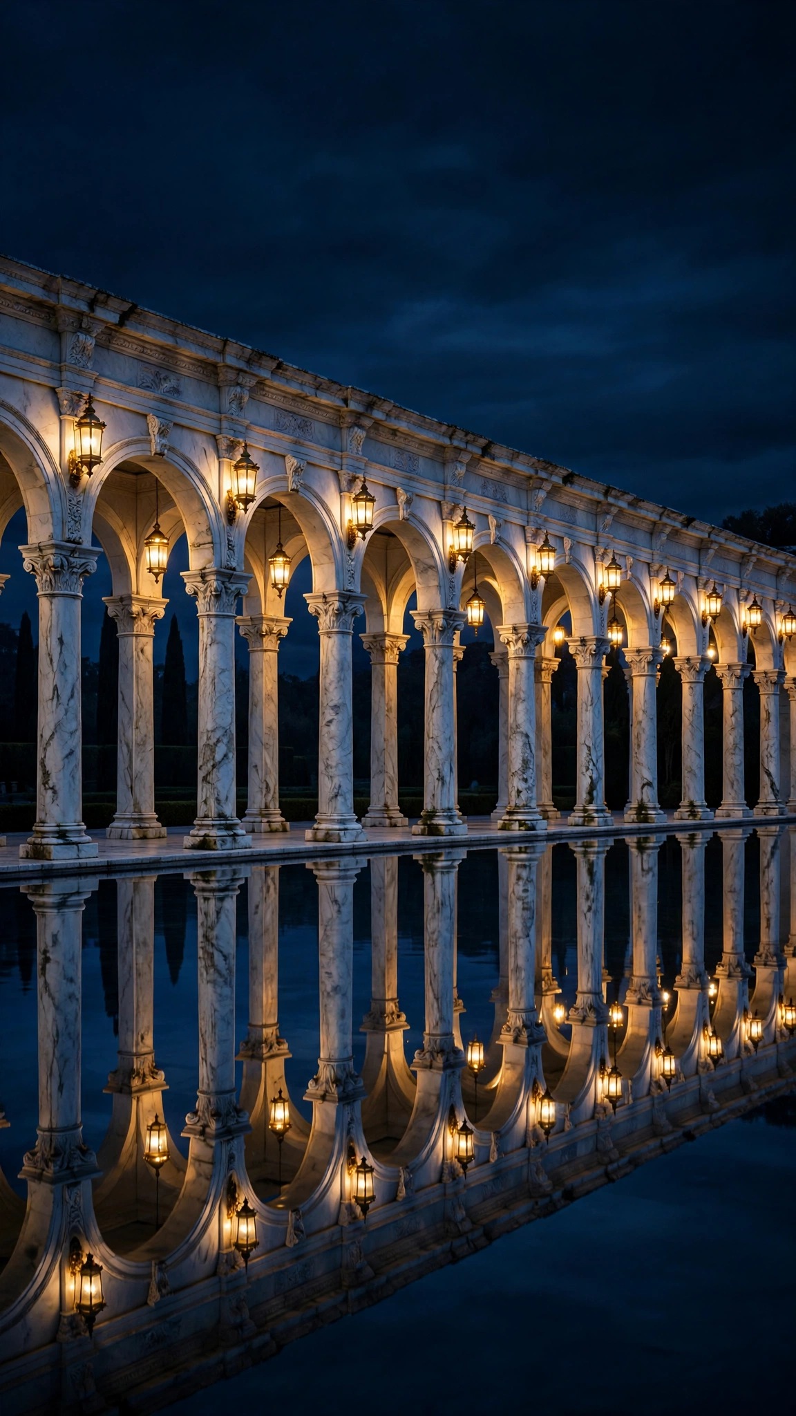 White marble arches with lamps reflected in a still pool