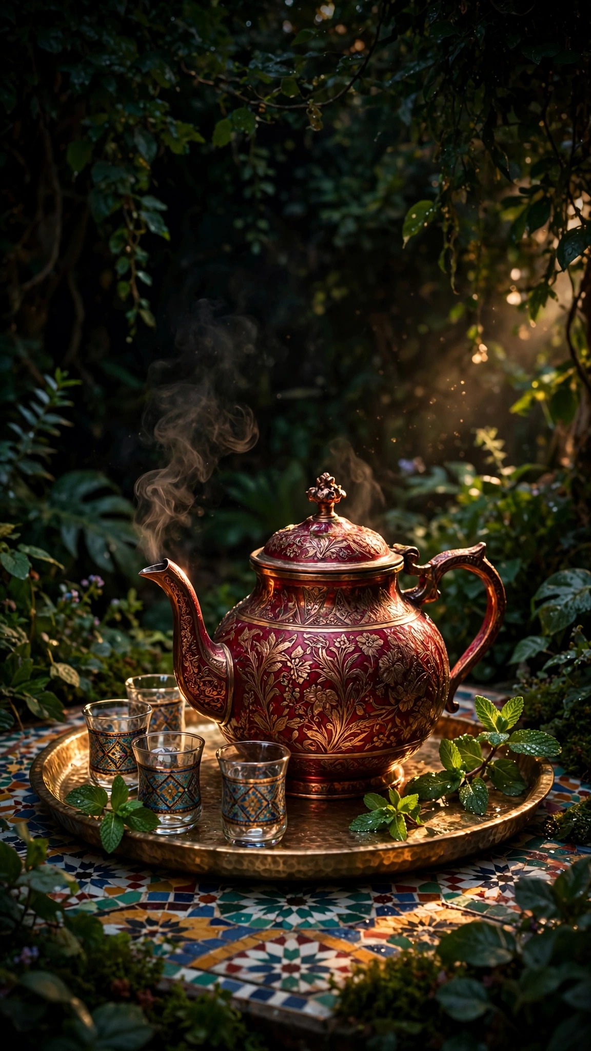 Ruby copper teapot with mint on a brass tray in a garden