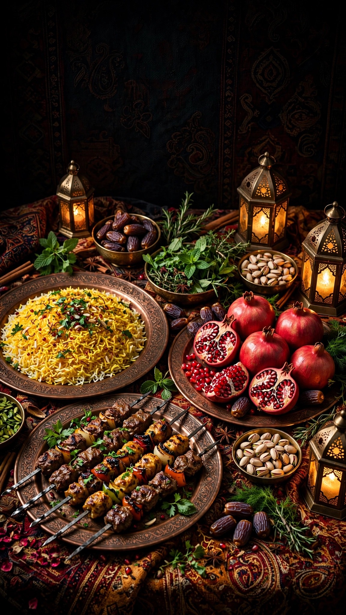 Saffron feast with rice, skewers and pomegranates on copper platters