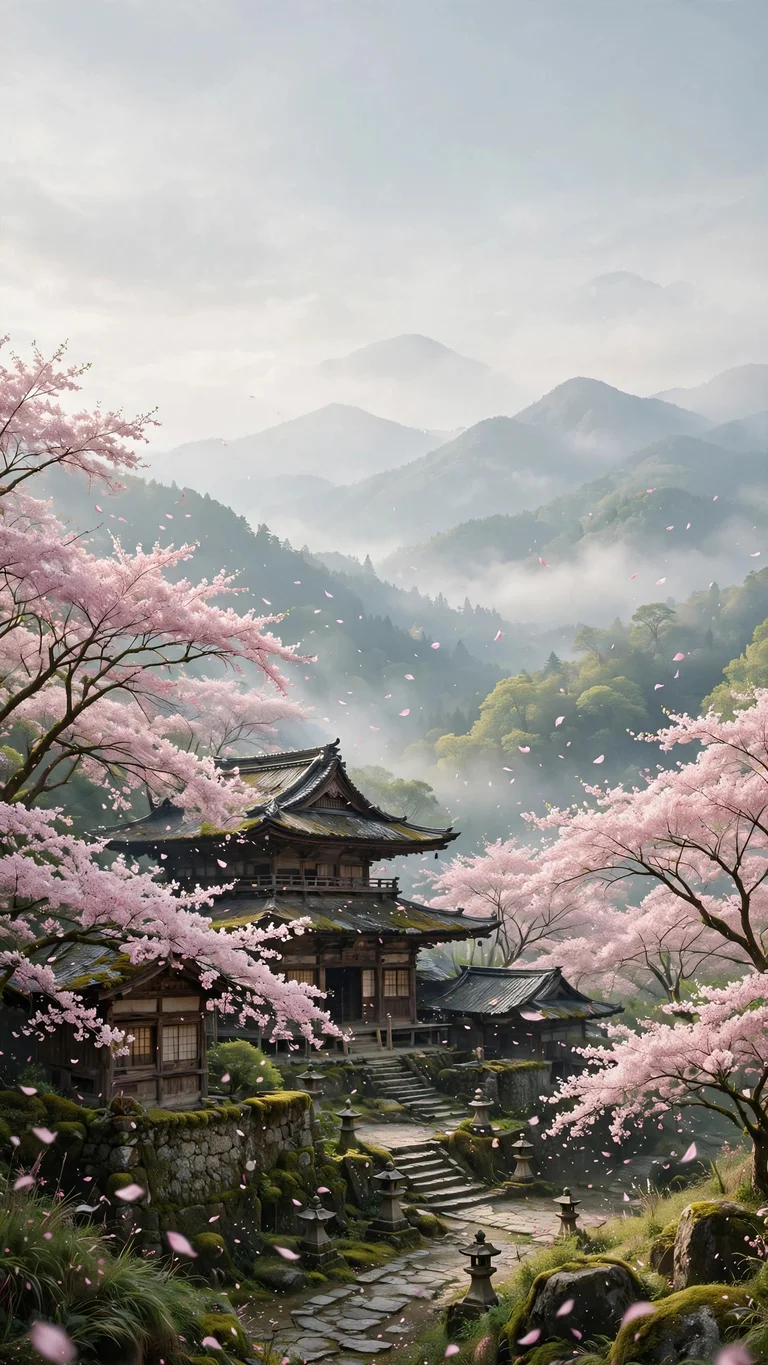 Ancient mountain temple surrounded by blooming cherry trees in Japan in spring