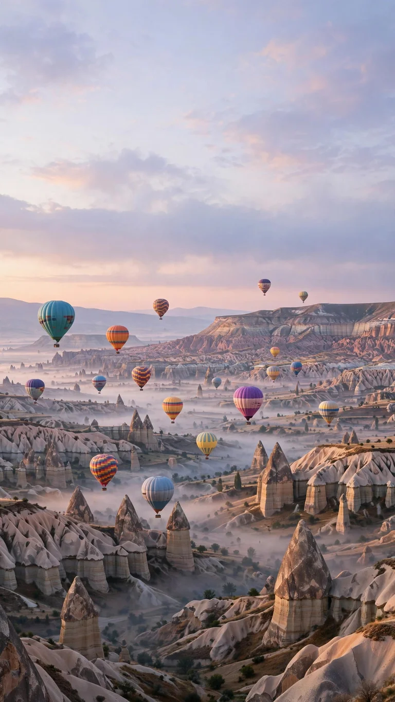 Colorful hot air balloons floating over the surreal rock valleys of Cappadocia at dawn