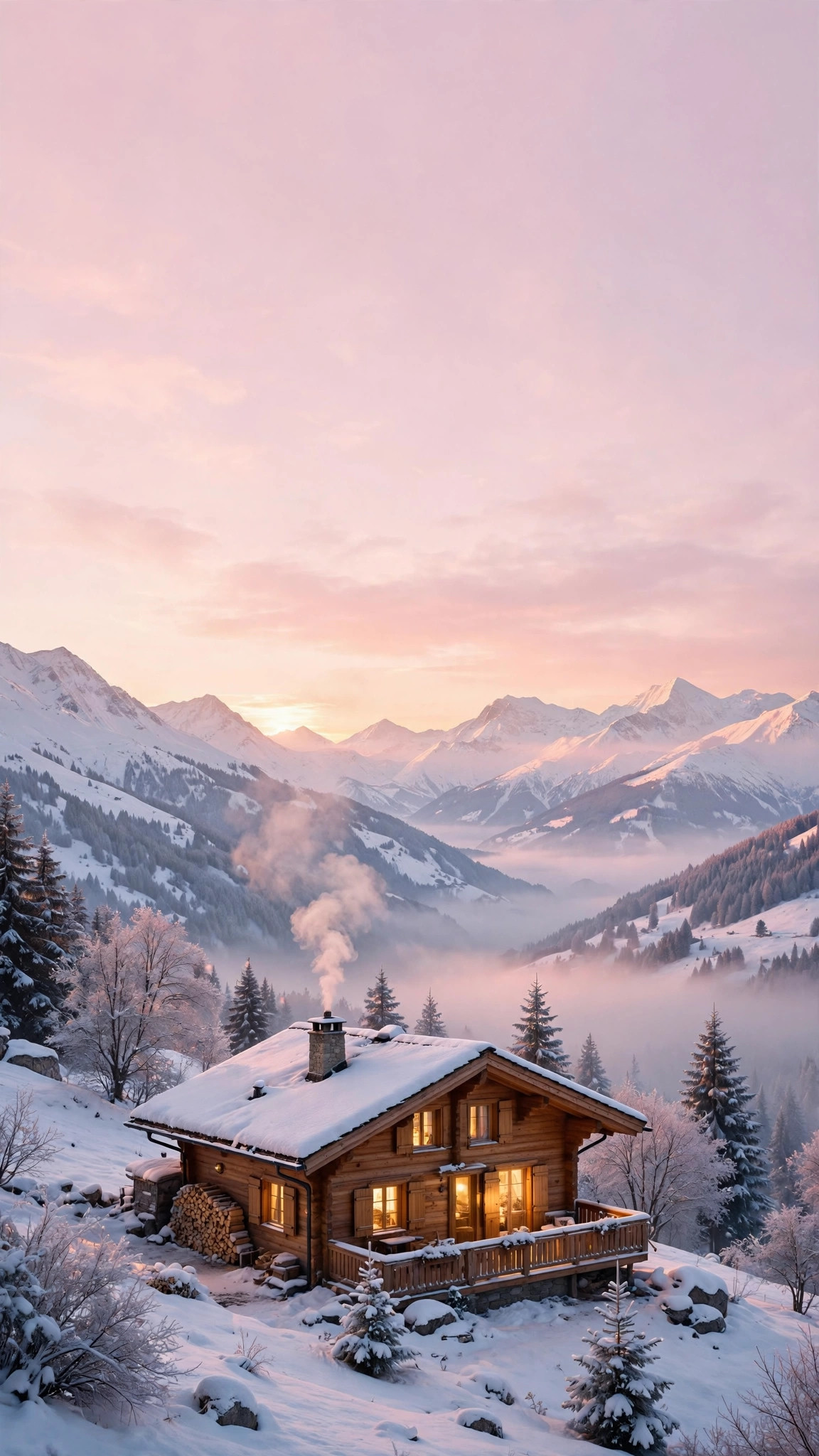 Cozy wooden cabin in the snow-covered Swiss Alps at pink sunrise