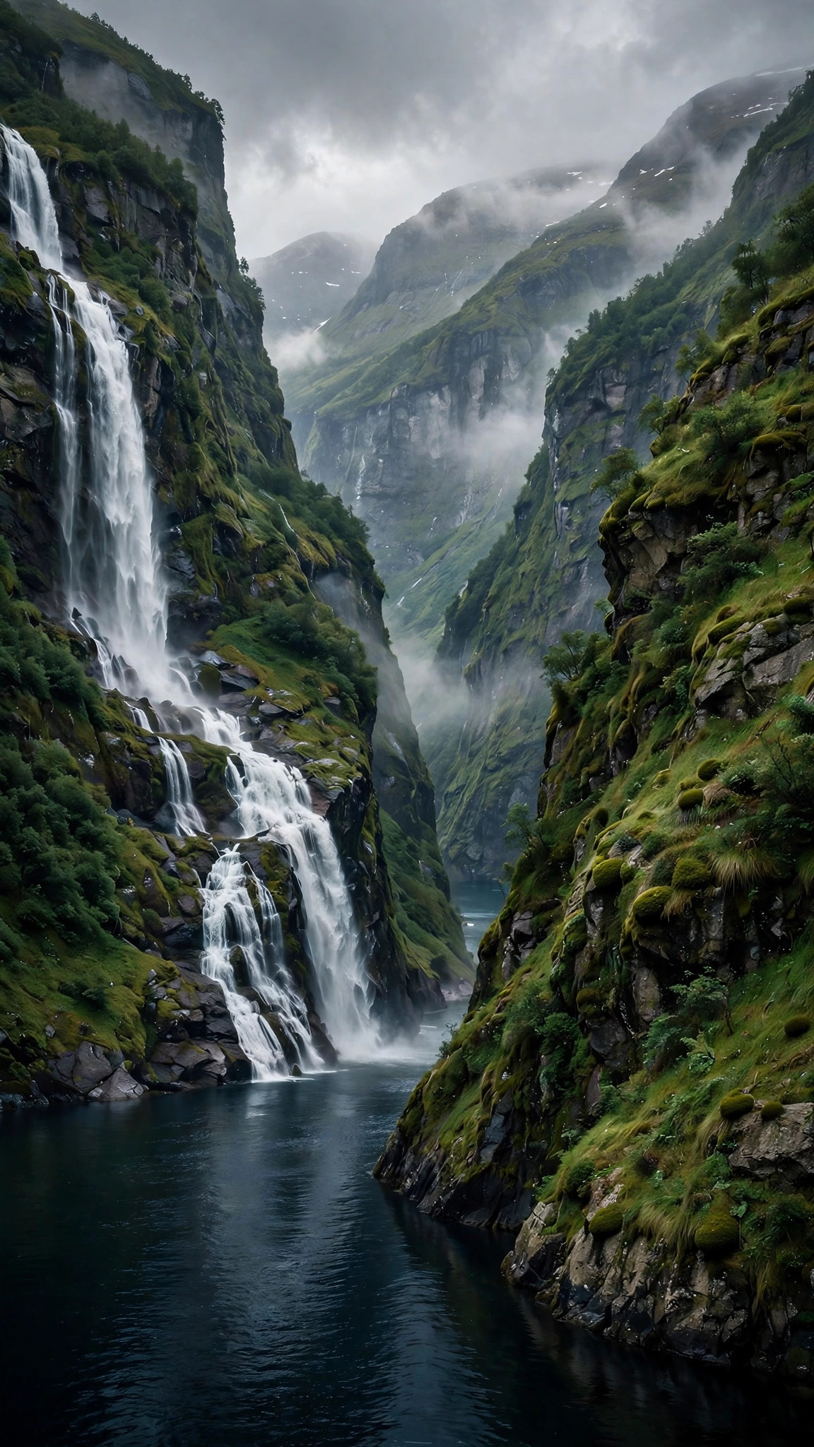 Deep Norwegian fjord with a waterfall plunging down steep green cliffs into dark water