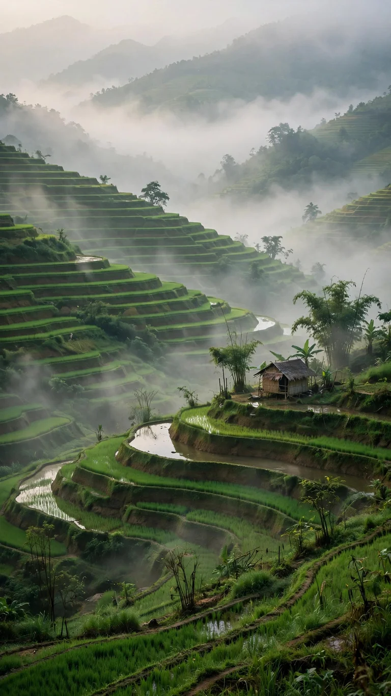 Layered emerald rice terraces in Vietnam wrapped in soft morning mist