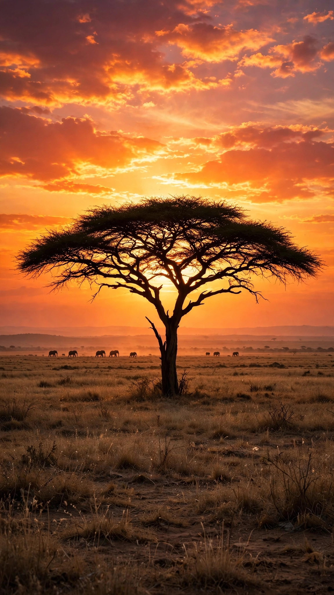 Lone acacia tree silhouetted on the African savanna at blazing sunset