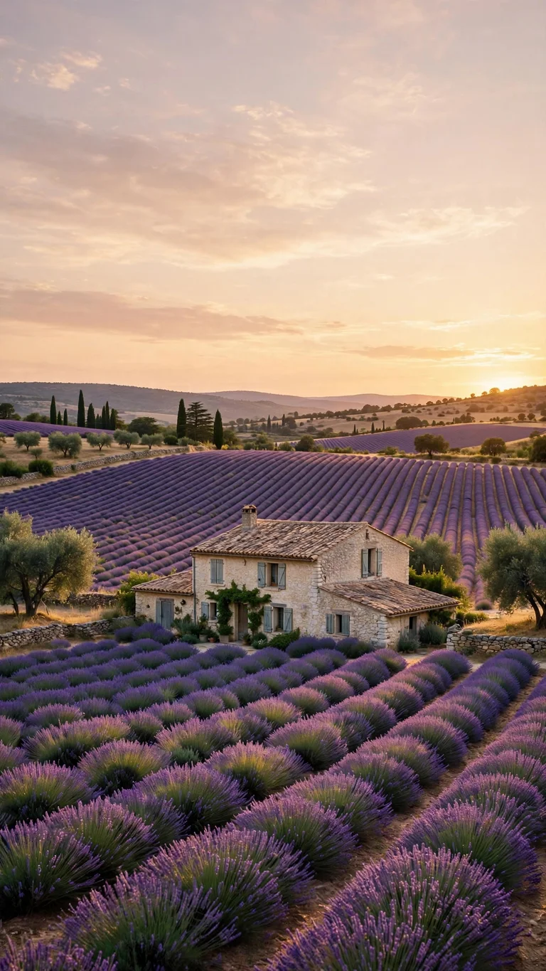 Rustic stone farmhouse surrounded by endless lavender rows in Provence at golden hour