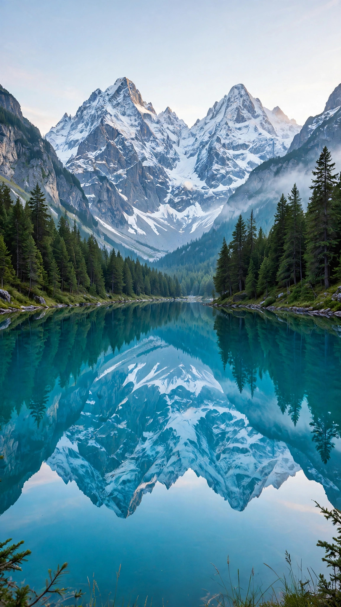 Turquoise alpine lake perfectly mirroring snow-capped peaks and pine forest
