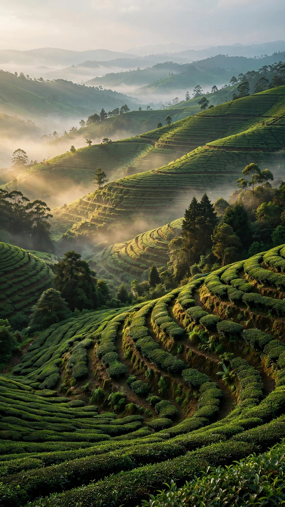 Misty rolling tea plantations in layered green hills