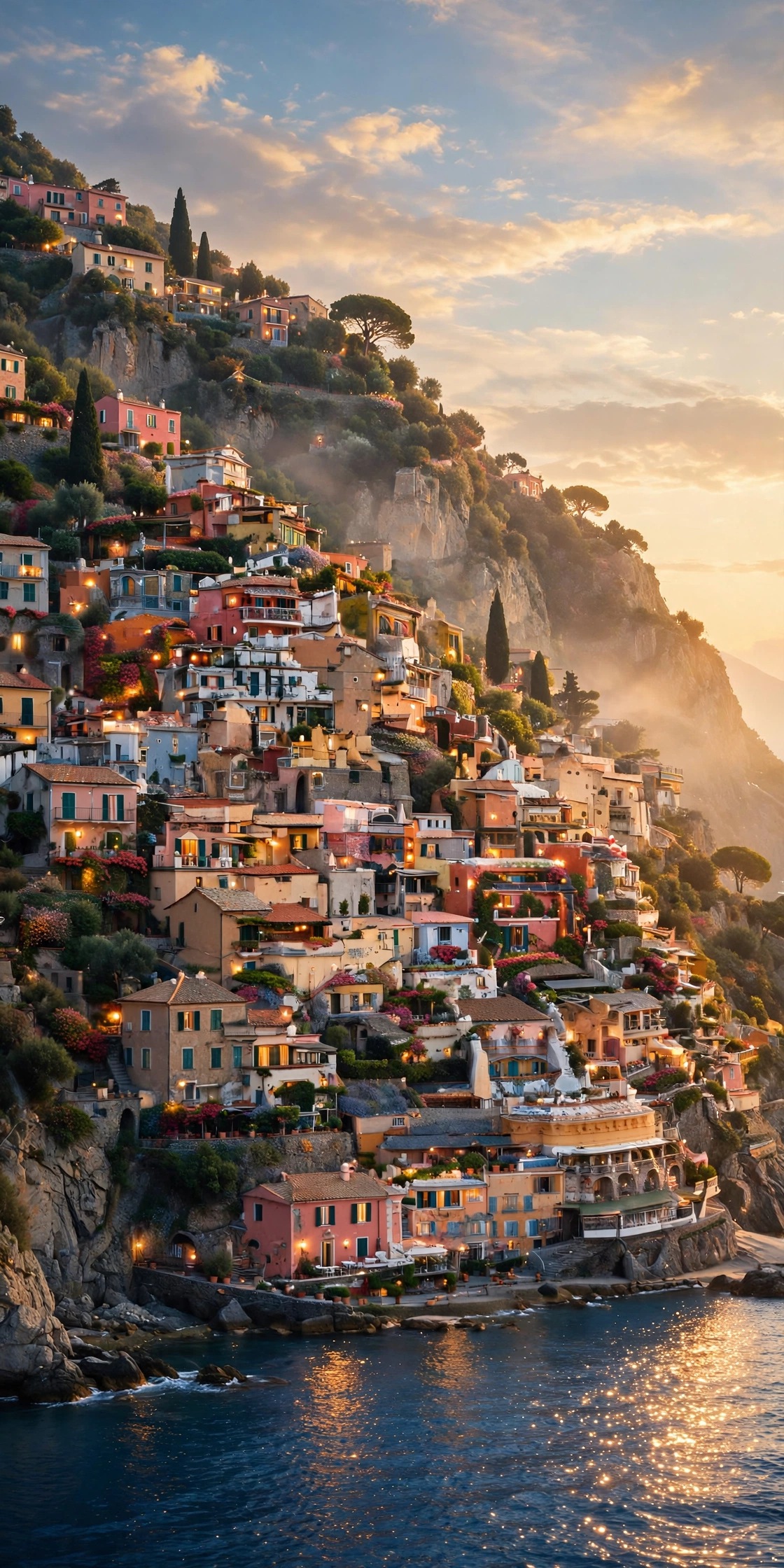 Pastel coastal cliffside village at golden hour