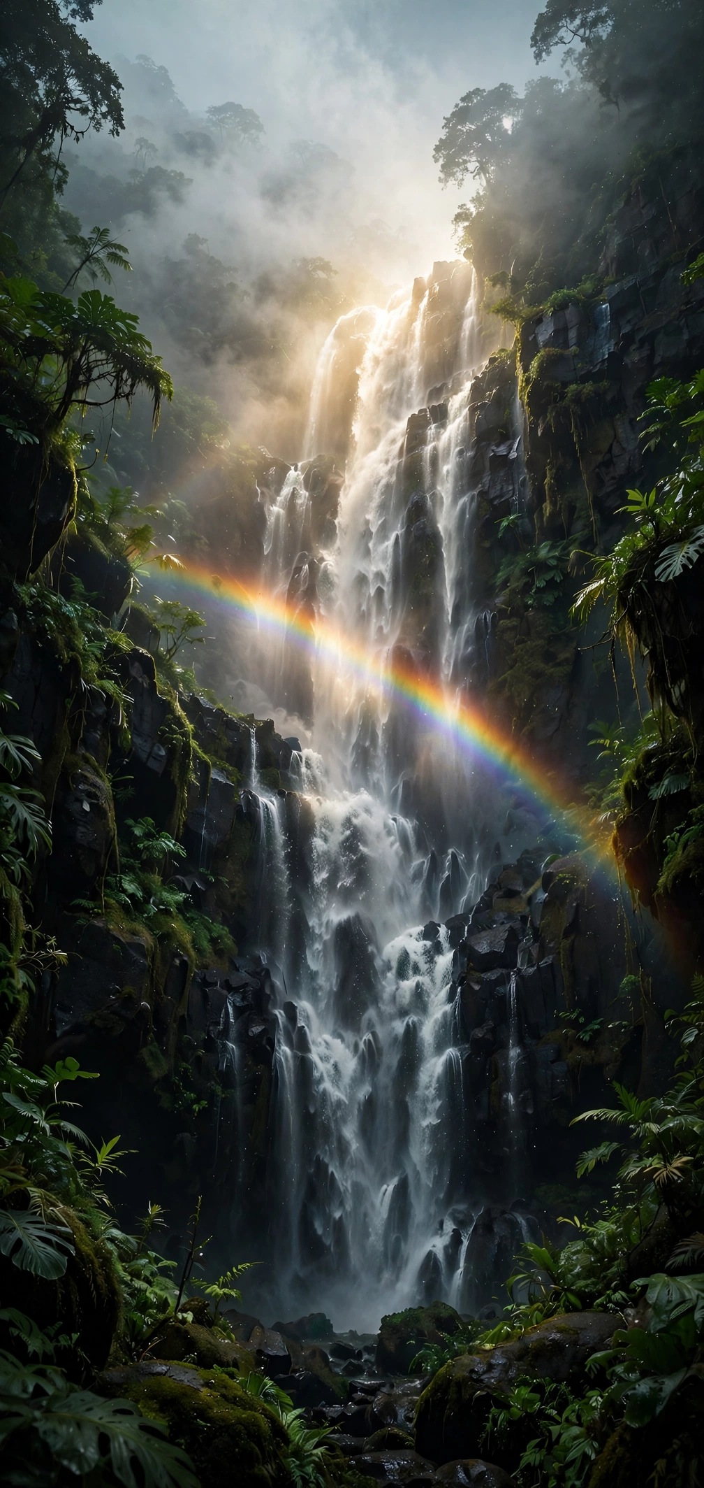 Towering waterfall with rainbow arcing through mist