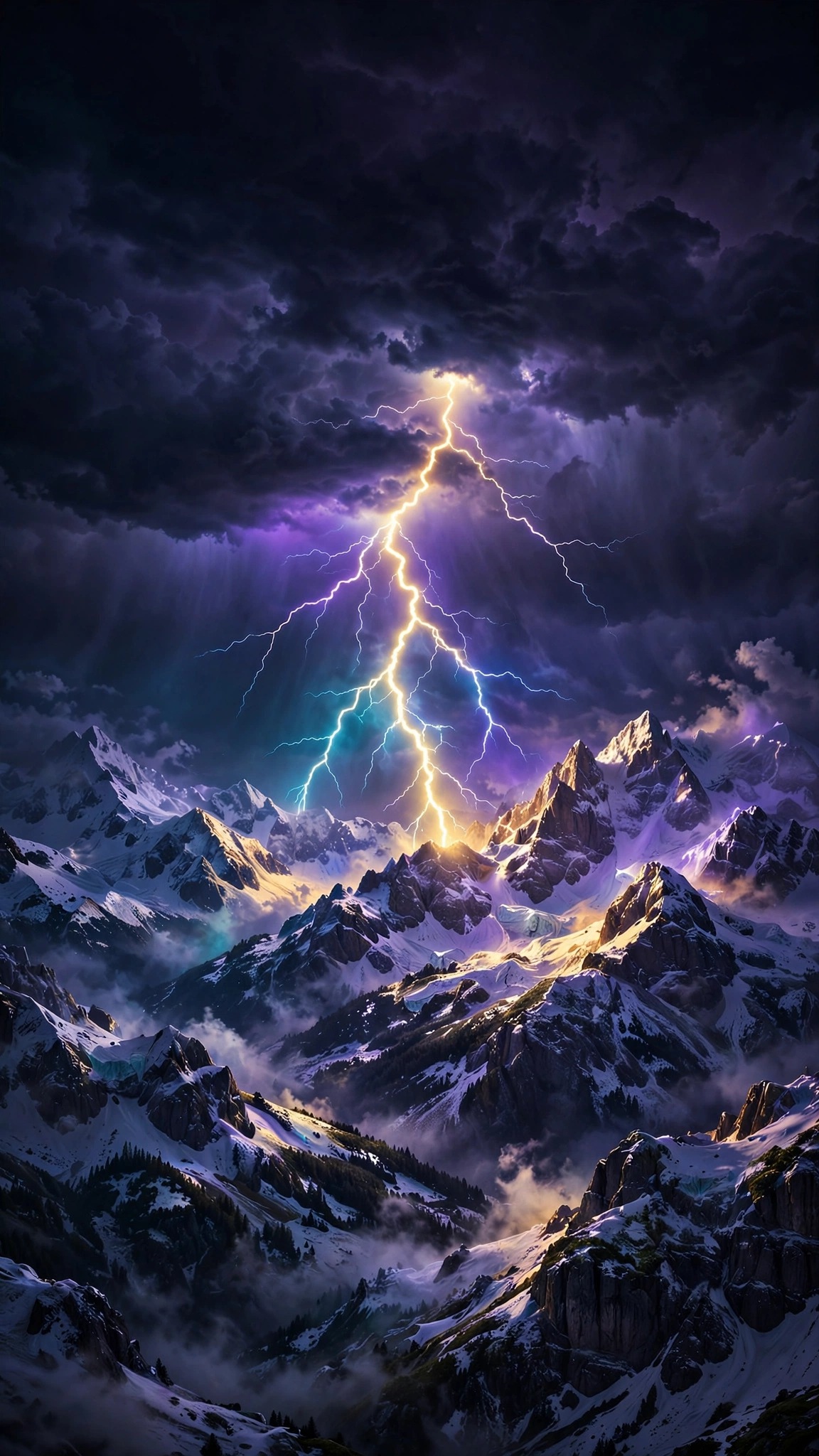 alpine thunderstorm over snow capped mountain peaks with lightning wallpaper