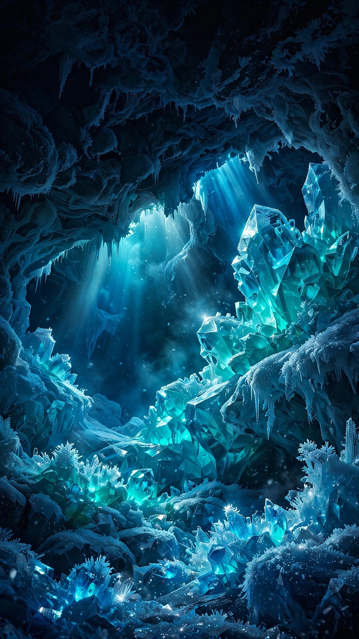 deep blue glowing ice cave interior with light shafts and ice crystals wallpaper