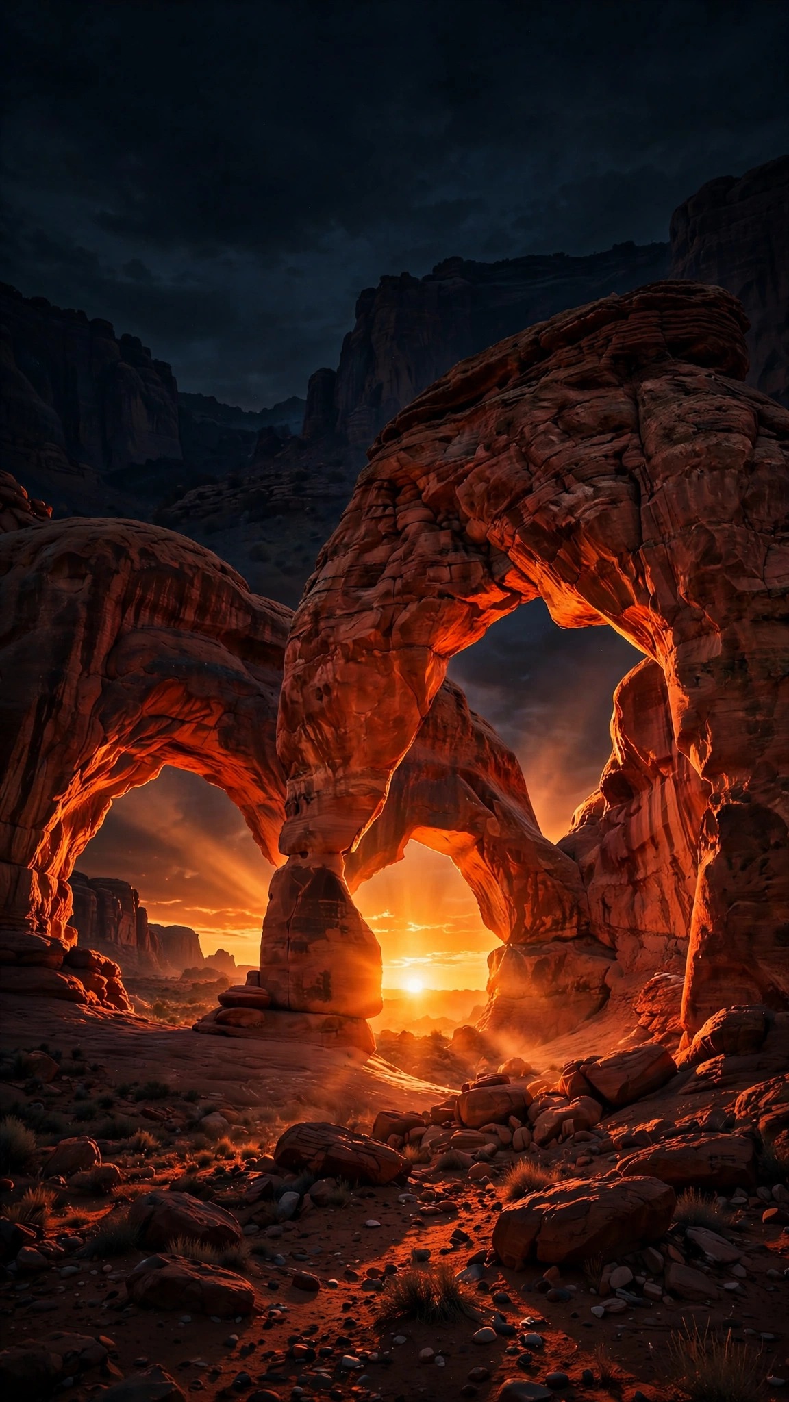 red sandstone arches glowing at sunrise in desert wallpaper