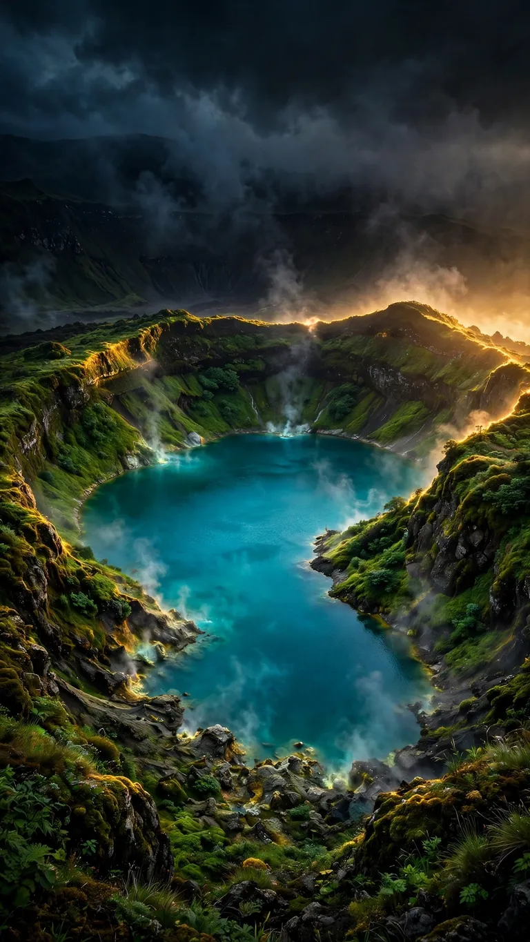 turquoise crater lake inside volcanic caldera with steam and green rim wallpaper