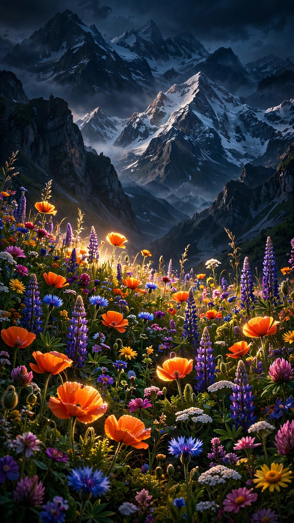 colorful wildflower meadow with towering snowy mountains behind wallpaper