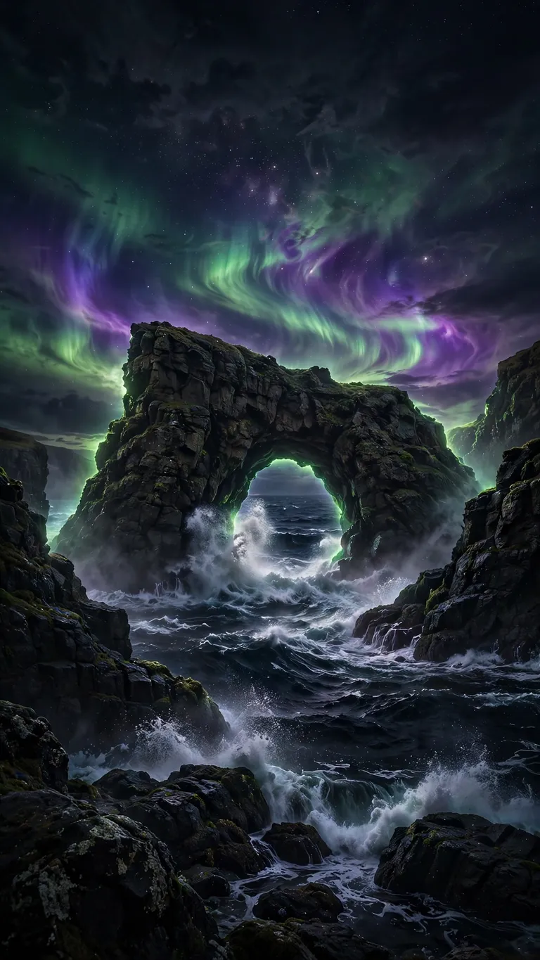 sea arch under green aurora with crashing waves wallpaper