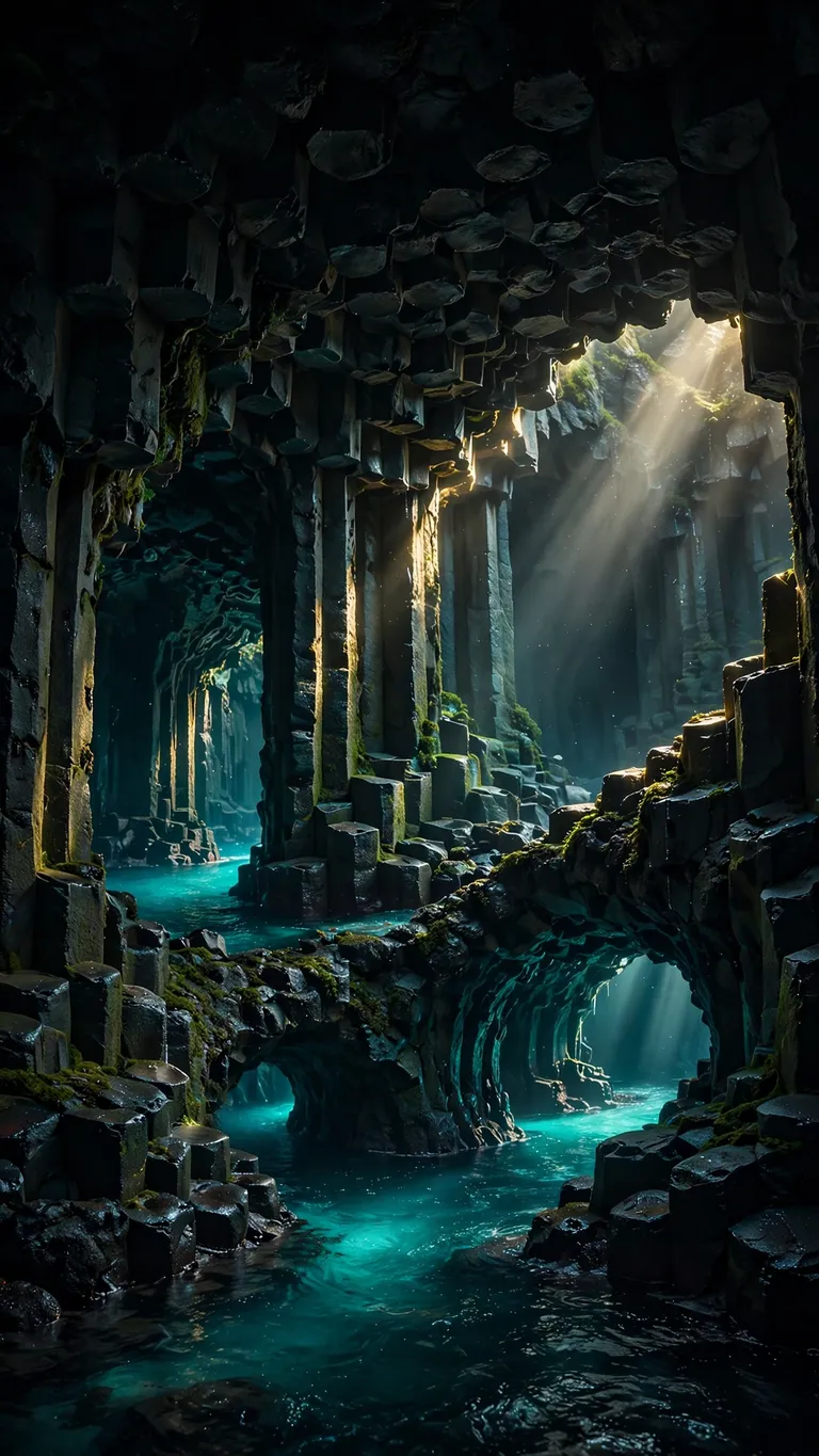 hexagonal basalt sea caves with turquoise water wallpaper