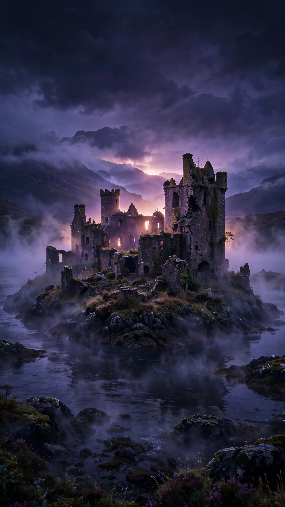 castle ruin on highland loch at purple dusk wallpaper