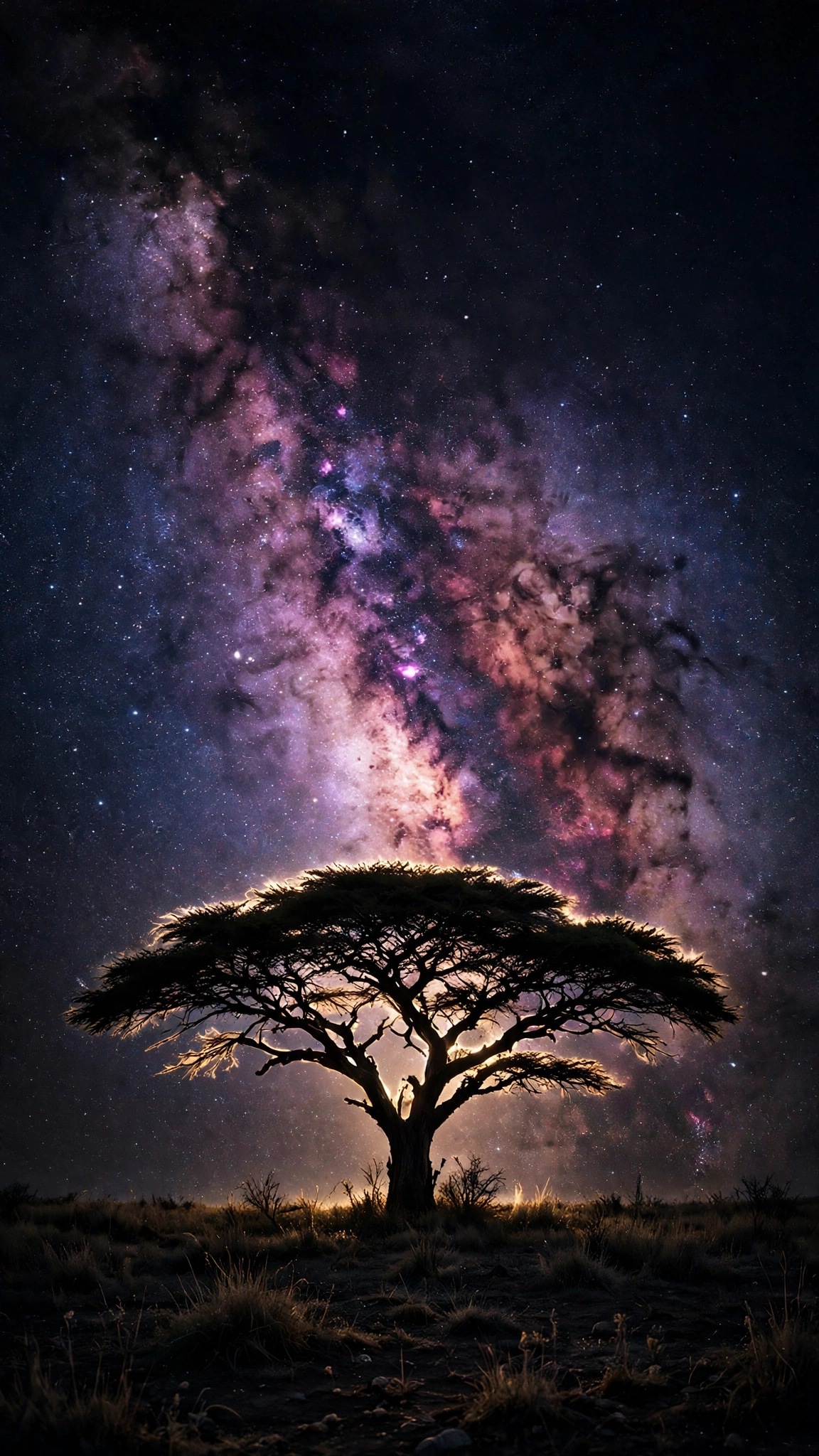 silhouetted acacia tree under milky way night sky wallpaper