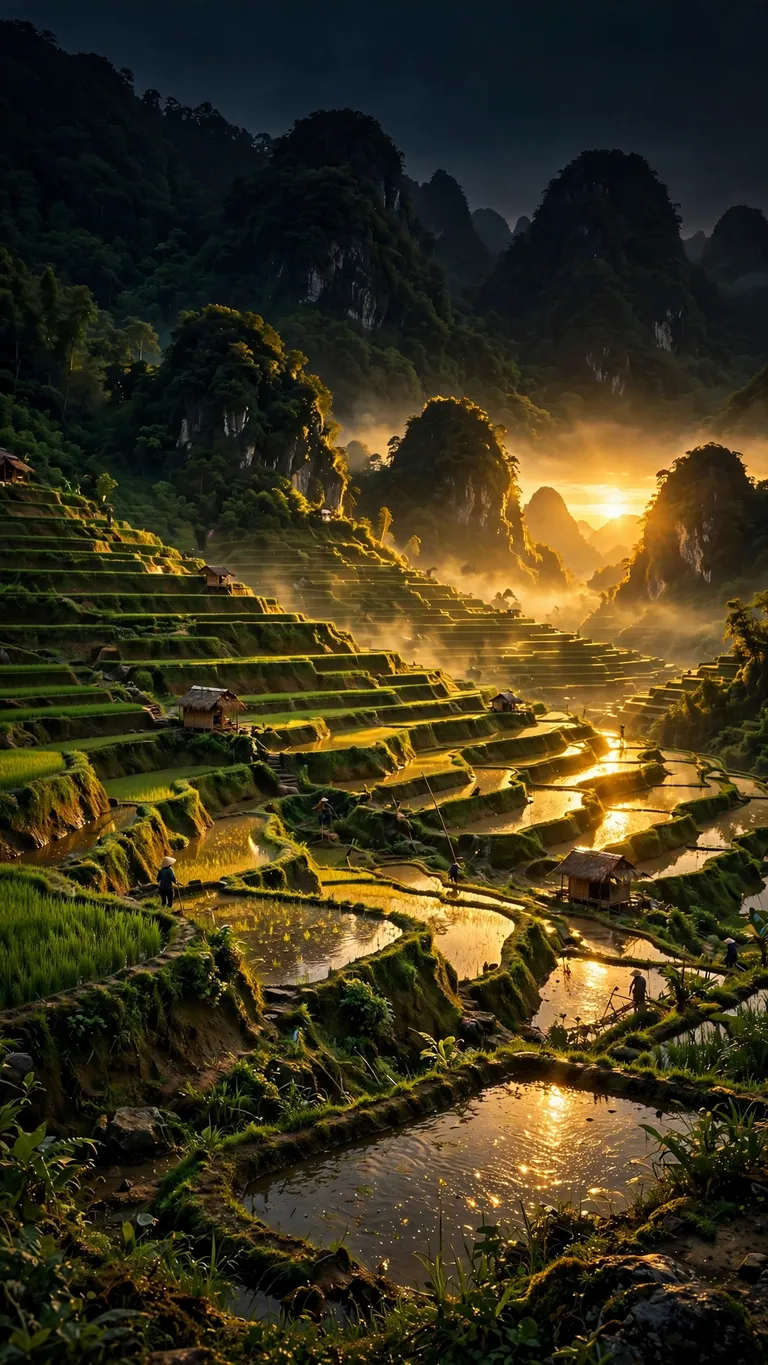 flooded green rice terraces at golden hour wallpaper