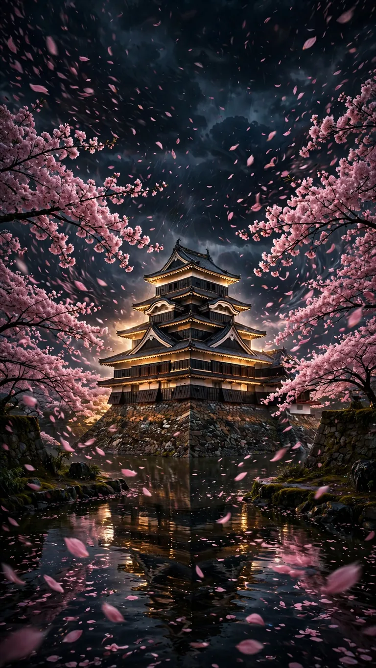 japanese castle in sakura petal storm wallpaper