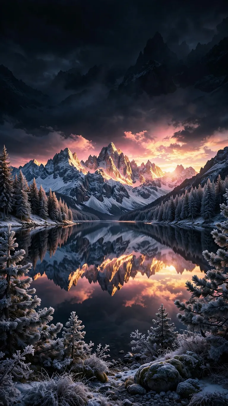 snowy peaks mirrored in alpine lake at sunrise wallpaper