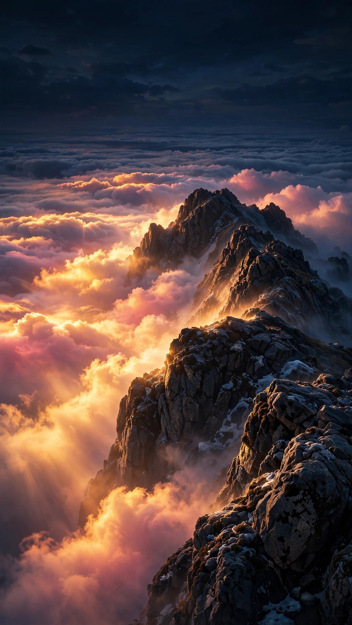 mountain summit above sea of clouds at sunrise wallpaper