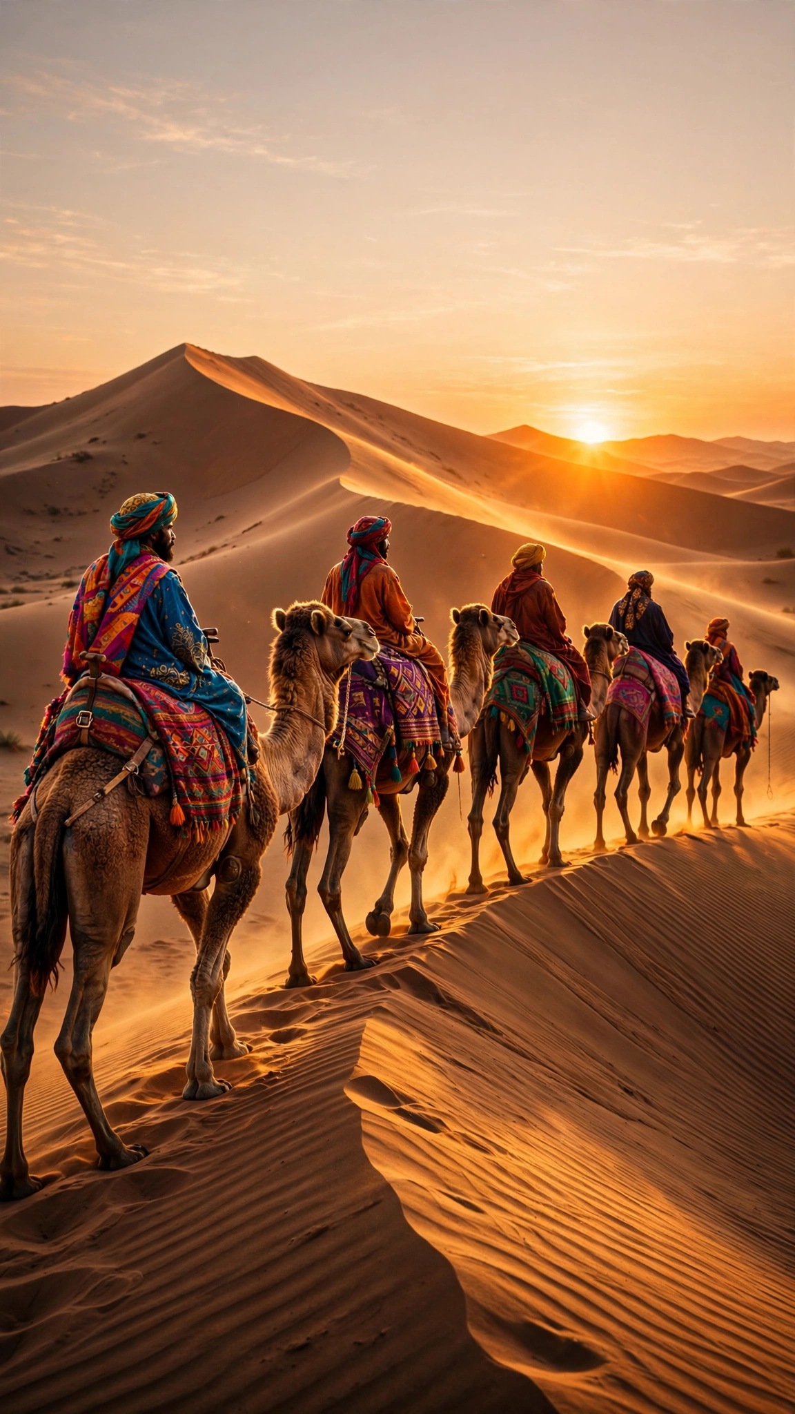 A camel caravan crosses rippled amber dunes at fiery sunrise.