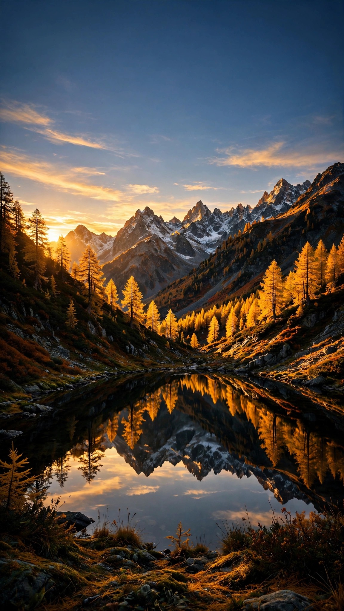 Golden alpine valley with glowing autumn larches mirrored in a still mountain lake at sunset.
